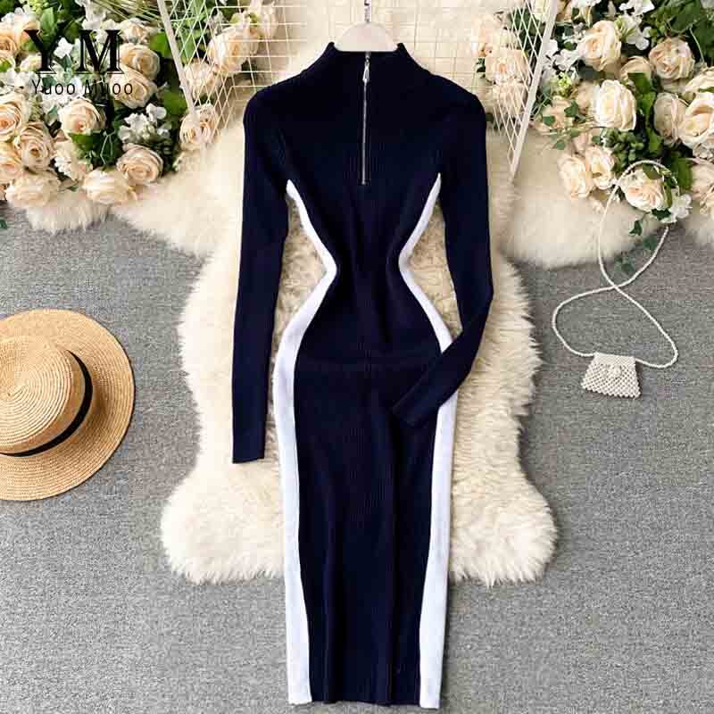 YuooMuoo Autumn Winter Women Sweater Dress Zipper Collar Long Sleeve Casual Knitted Bodycon Dress Slim Stretchy Ladies Dresses: Blue