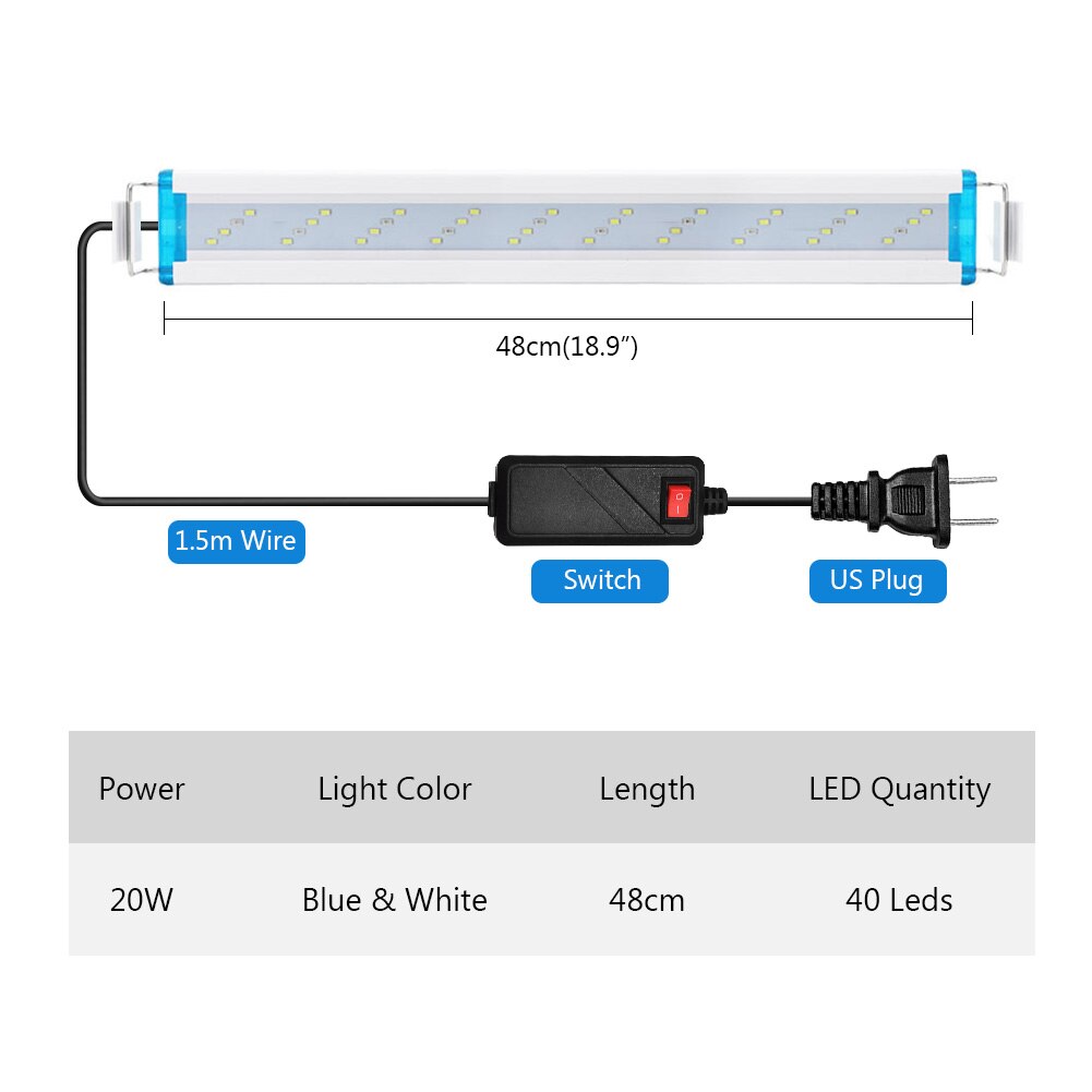 Waterdichte Vis Armatuur Verstelbare Aquarium Licht Plant Lamp Ac 90-260V Decor Wit Blauw Verlichting Super Slanke Leds us/Eu Plug: US plug-48cm