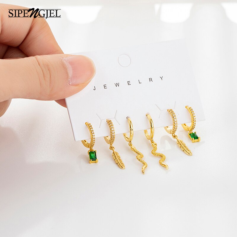 Sipengjel 6 Pcs Set Green Zirkoon Snake Hanger Oorbellen Prachtige Blad Kleine Hoepel Oorbellen Voor Vrouwen Sieraden