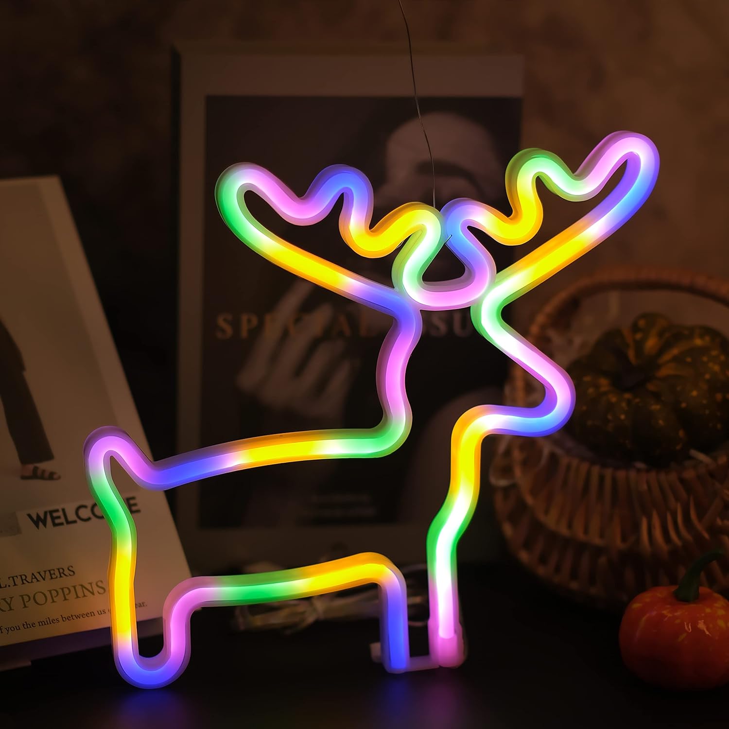 Luces decorativas navideñas, lindas luces LED de alce y Papá Noel, alimentadas por USB o con pilas, navideños, decoración de habitaciones: YELLOW