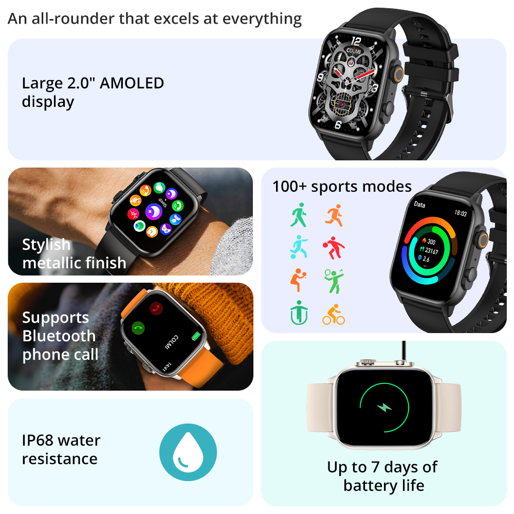 COLMI-reloj inteligente C81 para hombre y mujer, accesorio de pulsera resistente al agua IP68 con Pantalla AMOLED de 2,0 pulgadas, compatible con AOD, 100 modos deportivos, PK Ultra Series 8