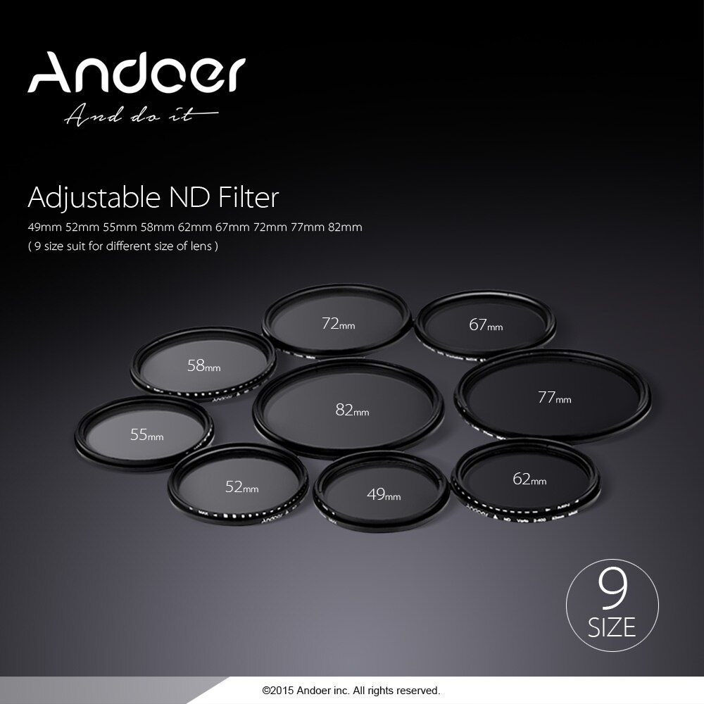 Andoer 67mm ND Fader Neutral Density Adjustable ND2 to ND400 Variable Filter for Canon Nikon DSLR Camera