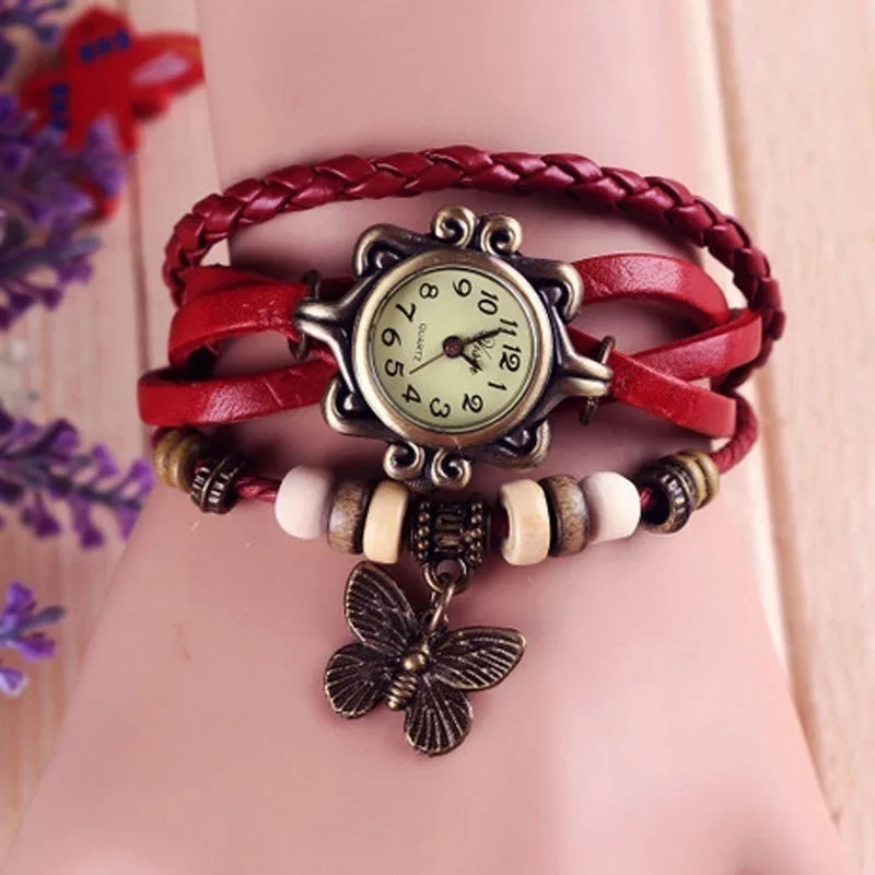 Vintage læder håndvævet dameur antik kobber tynd rem armbånd dameur med vedhæng udsøgt trendy kvartsur: Rød