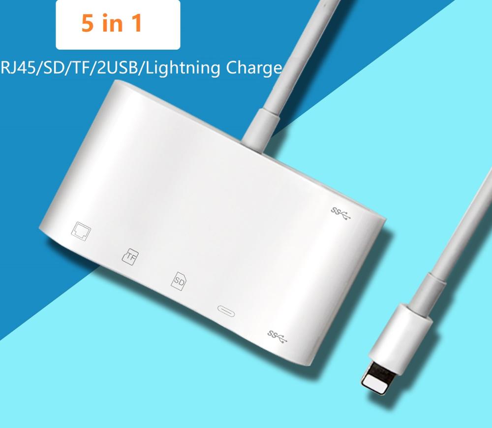 Adaptateur filaire Ethernet 5 en 1 Lightning Hub RJ45, pour iPhone11Pro/iPad, lecteur de caméra OTG TF/SD/USB, charge, 512/256/128 go, iOS13