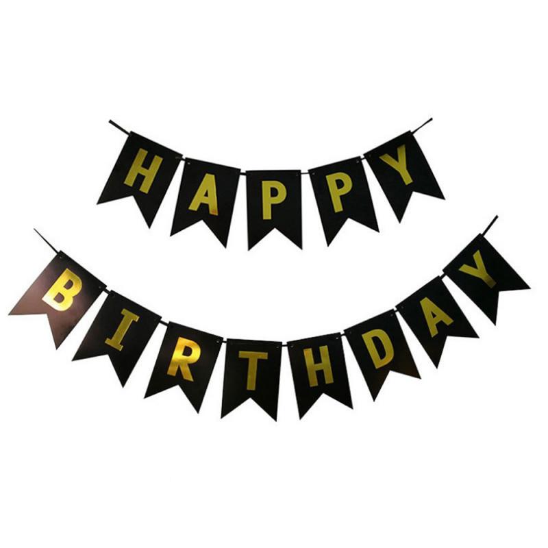 Guirnalda de papel para empavesado de banderas, cartel de feliz cumpleaños, suministros de decoración colorida para bebés y niñas, suministros de decoración para de cumpleaños: black
