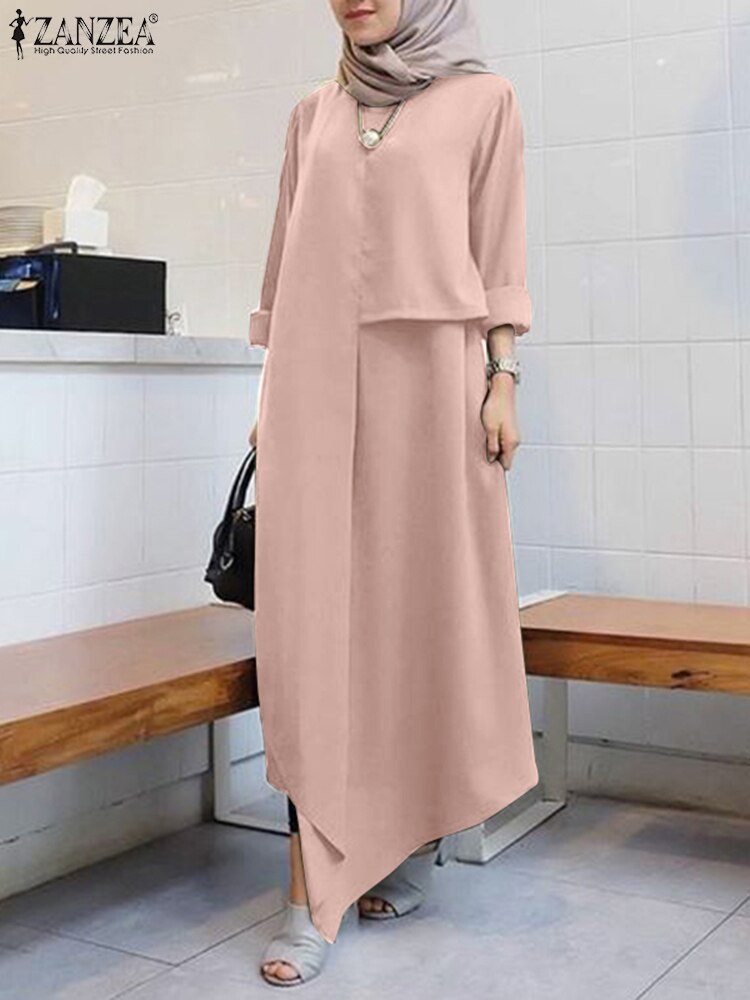 Solid Matching Sets 2022 ZANZEA Muslim 2PCS Sets Women Irregular Hem Blouse Long Pant Sets Party Loose Turkey Islamic Clothing: Light Pink / XXXL