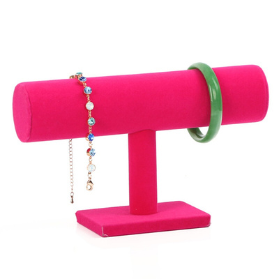 BUENOS Vintage PU Leather / Velvet T-Bar Rack Bracelet Chain Watch Jewelry Organizer Holder Jewelry Display Stand: rose red1