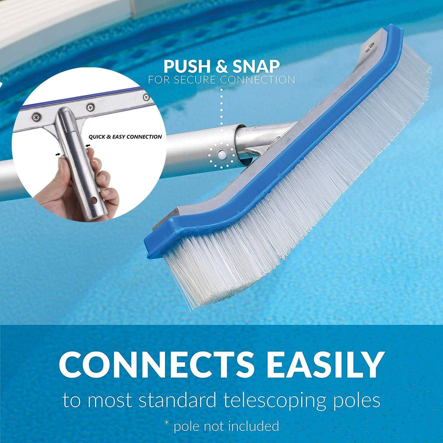 18" Swimming Pool Wall & Tile Brush - Heavy Duty Aluminum Back Cleaning Brush - Nylon Bristles - EZ Clips