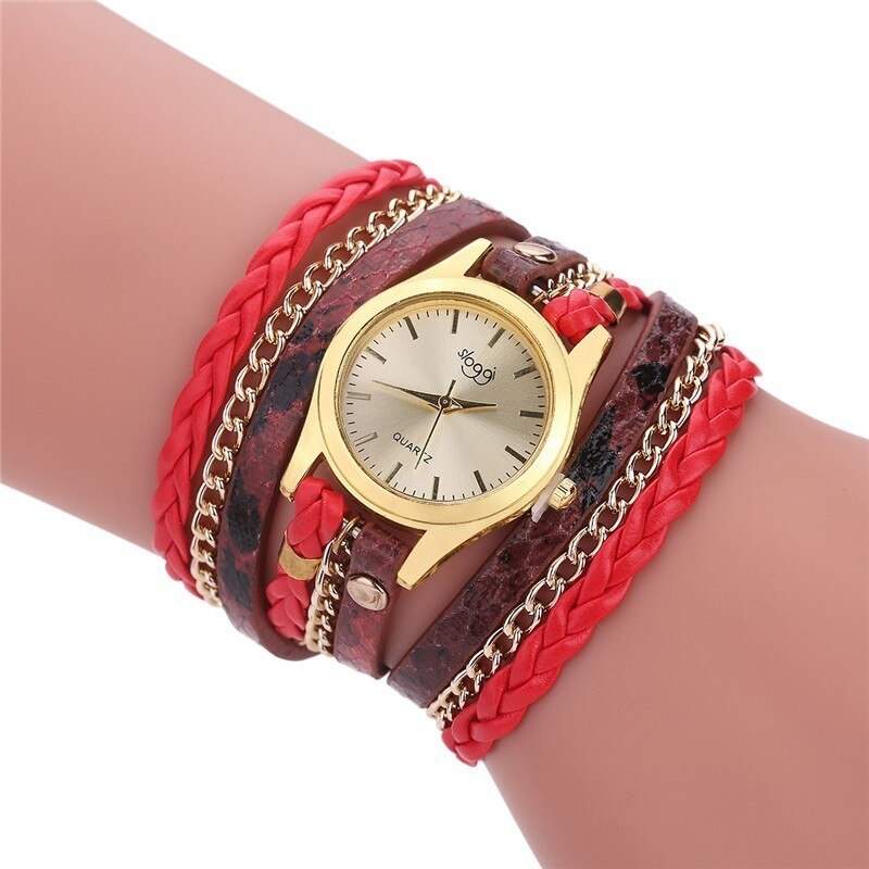 de luxe en cuir montre à Quartz femmes dames décontracté Bracelet montre-Bracelet horloge relogio feminino léopard tressé femme: Rouge