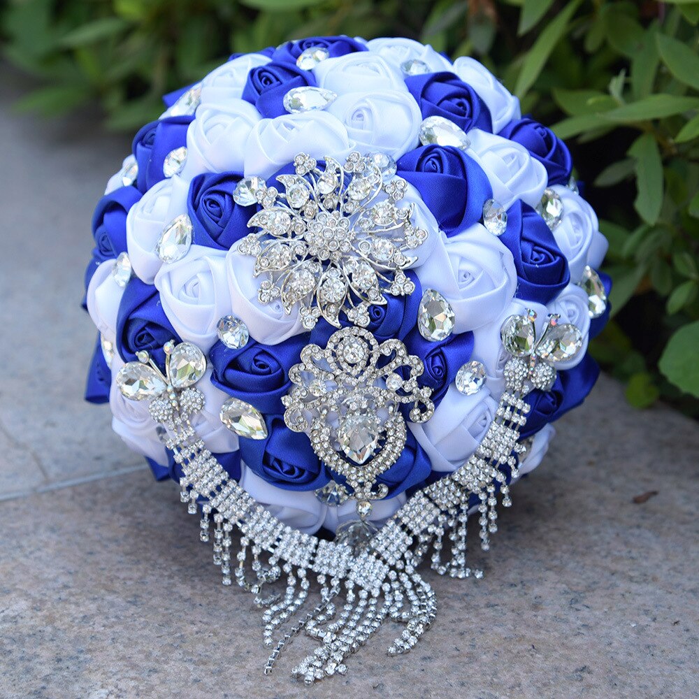 Tassel Diamond Wedding Bouquet White Ivory Pink Burgundy Crystal Silk Rose Wedding Flowers Bouquet De Mariage Bridal Bouquets: Blue