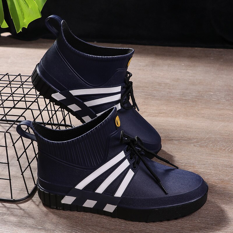 Rouroliu Mannen Lente Herfst Enkel Regen Laarzen Anti-Slip Mannelijke Waterdichte Water Schoenen Dikke Tuin Schoenen: Dark blue / 43