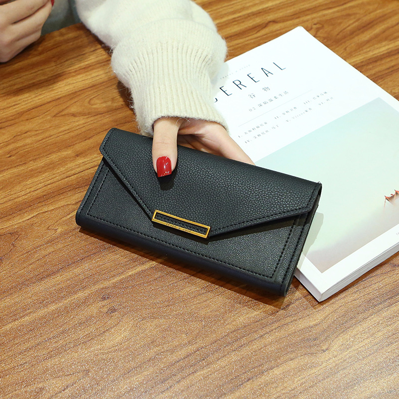 Wallet style for women Korean long style, fresh multi-function buckle, Japanese and Korean retro thin coin wallet: black