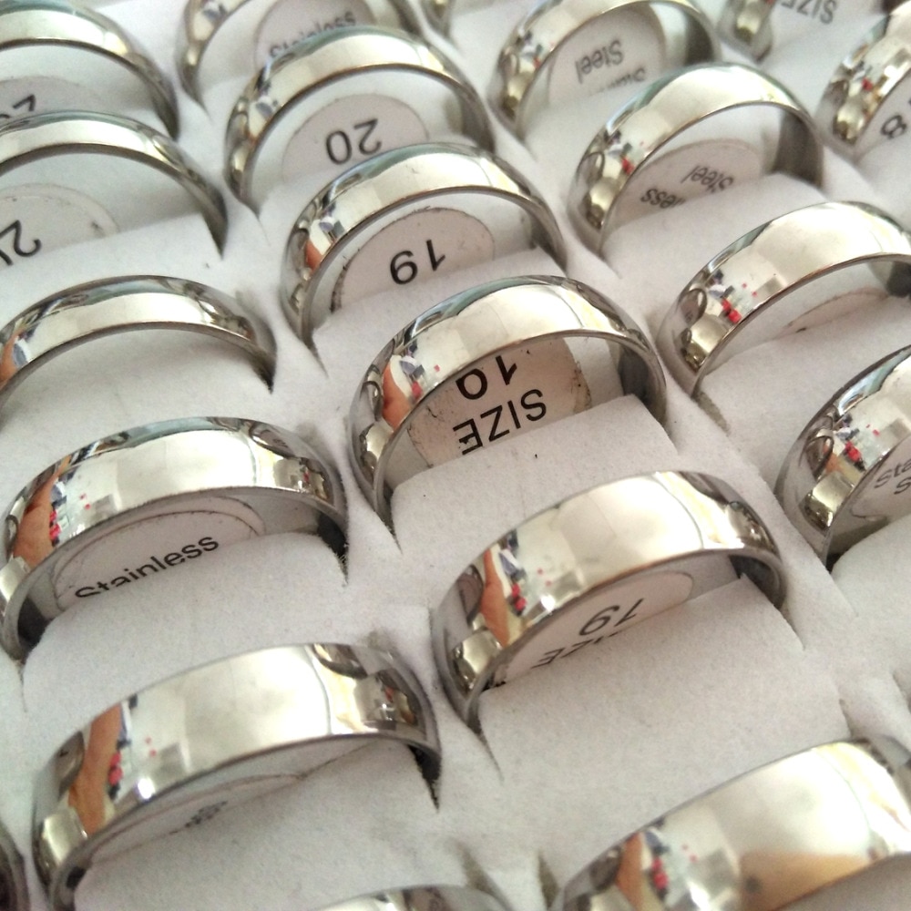 Groß Viele 200 stücke Unisex Silber Band 6mm Breite Edelstahl Komfort fit Ringe Größe 17-18-19-20-21mm Mix