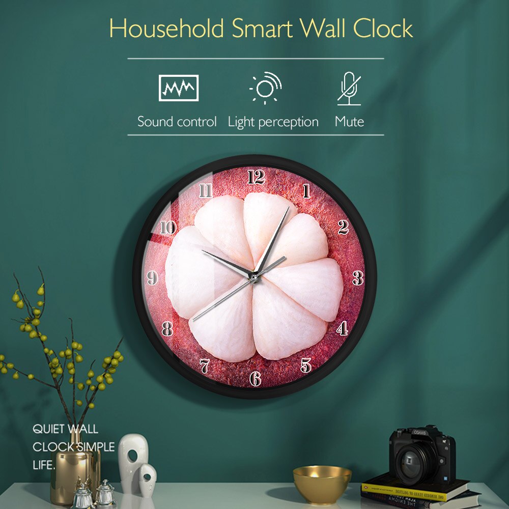 Sliced Mangosteen Exotic Fruit Metal Frame LED Wall Clock Sound Control Fresh Fruit Store Wall Decor Watch Tropical Botanical