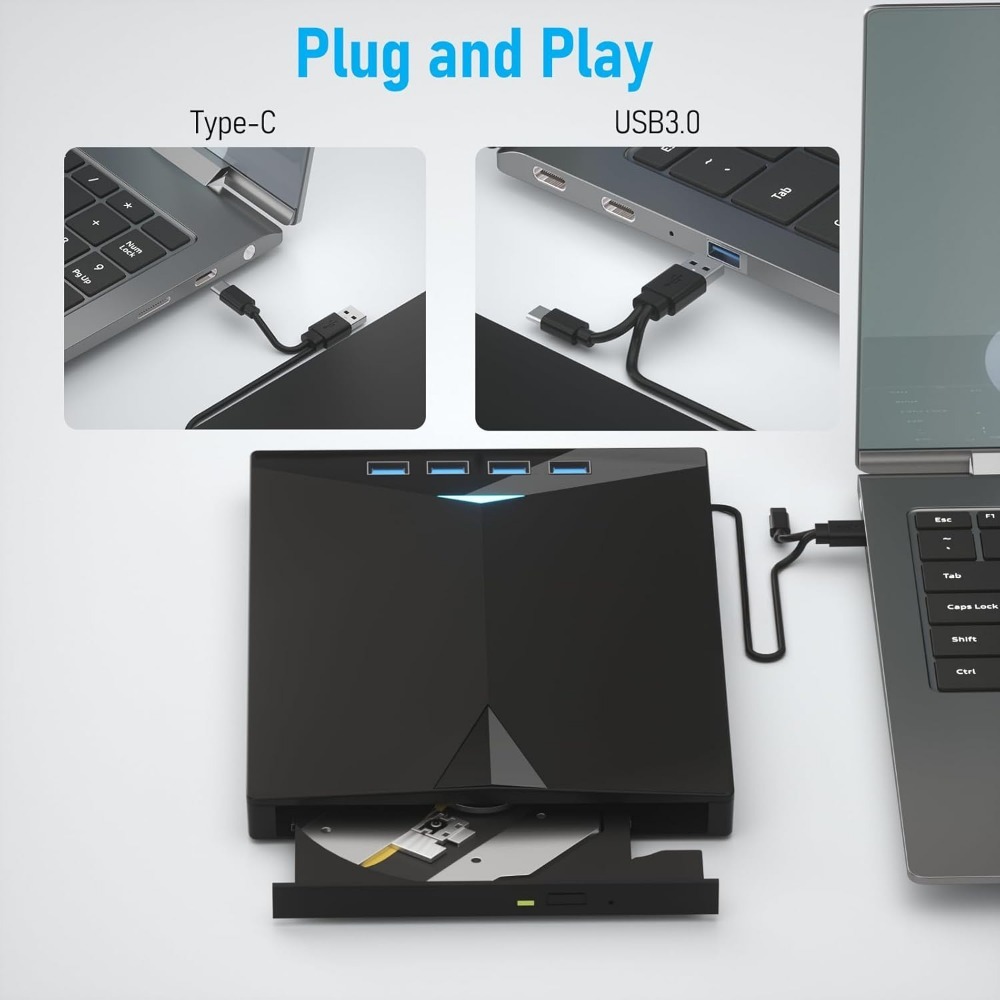 External CD DVD Drive Portable 7 in1 USB 3.0 CD ROM Player Burner CD/DVD Reader and Writer with 4 USB Ports and TF/SD Card Slot