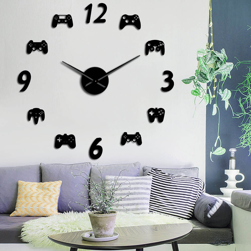 Gamepad DIY Wall Clock Modern Video Game Controllers Giant Wall Clock 3D Mirror Effect Wall Decor Sticker Huge Wall Watch