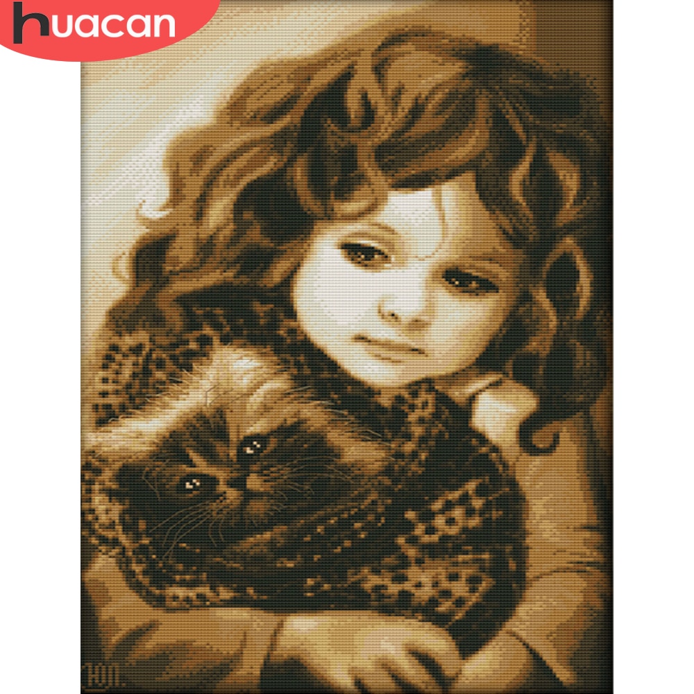 Huacan broderi tjej set korsstygn katt kit vit duk heminredning handarbete 11ct 14ct diy