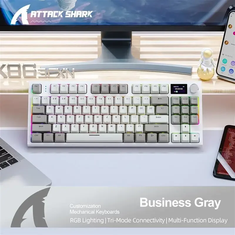 ! K86 Wireless -Swappable Mechanical Keyboard Bluetooth/2.4g With Display Screen and Volume Rotary Button for Games and: grey