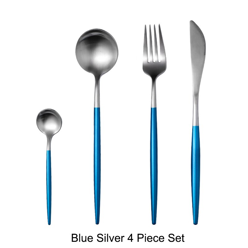304 roestvrijstalen gouden besteksets, dinervork, mes, lepel, eetstokjes, serviesset, zilverwerk, servies: Blauw zilver