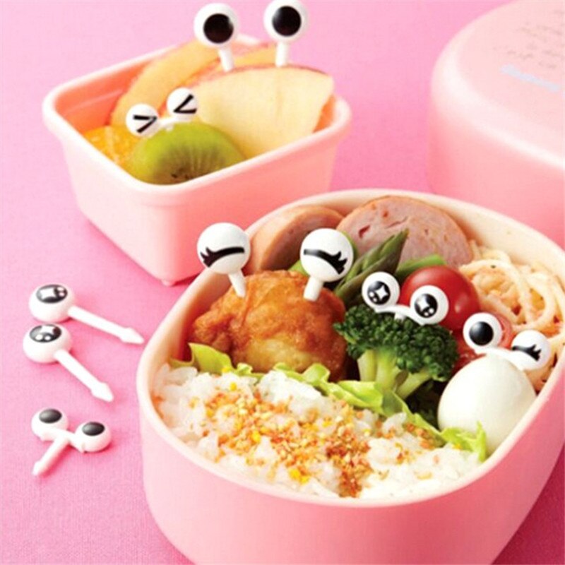 Tenedor de fruta con ojos bonitos para niños, palillo de fruta de plástico, Bento, almuerzo, aperitivo, pastel, postre, comida, palillo de dientes, vajilla de cocina, decoración, 10 unids/paquete