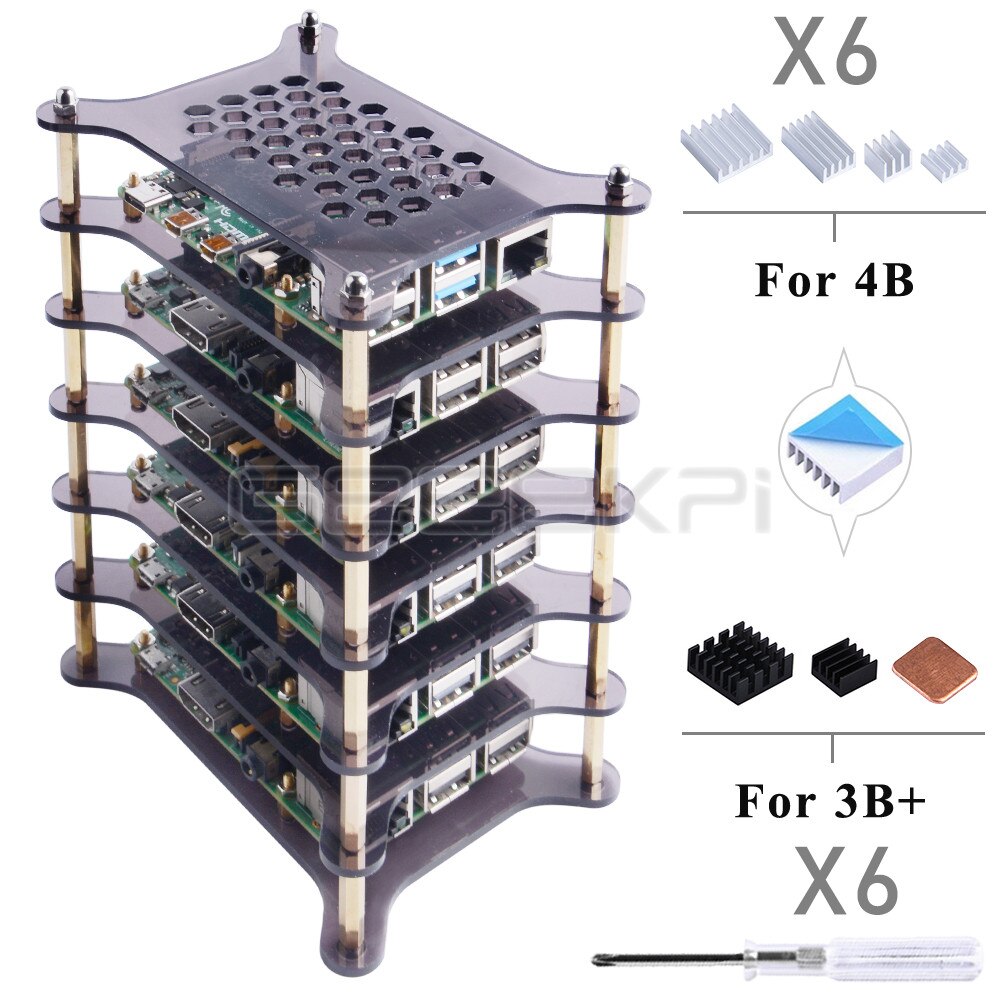 GeeekPi-boîtier en acrylique Transparent à 6 couches, clair/brun foncé, avec dissipateur thermique et tournevis pour Raspberry Pi 4 B / 3B + / 3B / 2B +: Dark Brown