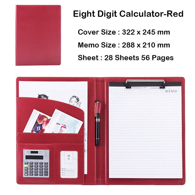 Business Office Folder Multifunctional Office Organizer with Calculator Clip A4 Leather Folder Folder Briefcase Office Supplies: B red