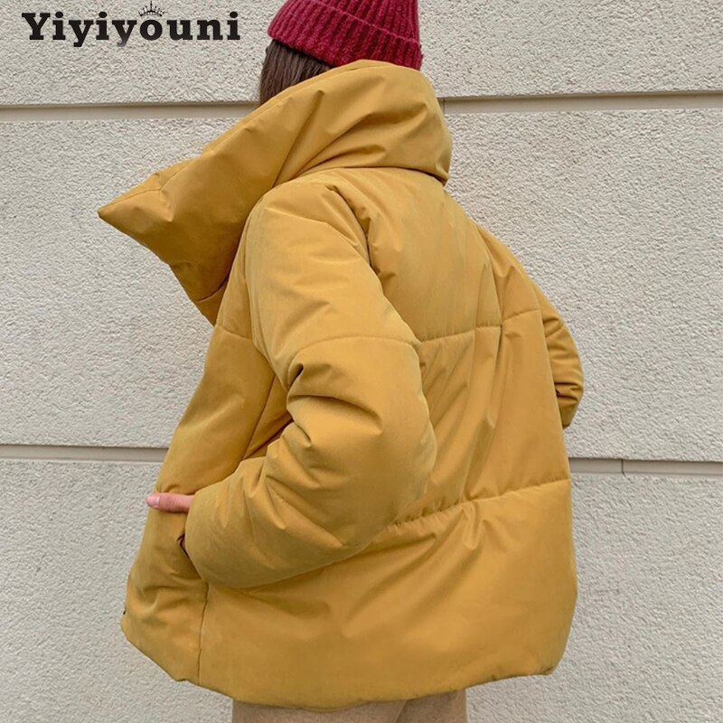 Yiyiyouni oversized cropped varma vinterjackor dam bomull vadderad parkas ytterkläder kvinnor solid casual tjocka jackor dam: 20236- gula / S