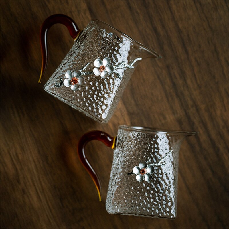 Grande théière japonaise en verre avec poignée, résistante à la chaleur, tasse à thé créative en verre de prunier 3D, motif marteau Transparent, Chahai