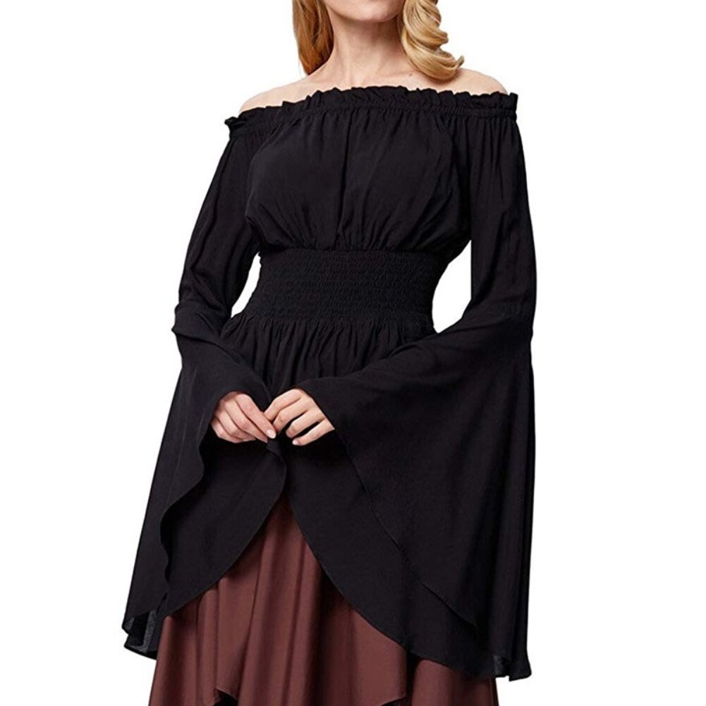 Women Medieval Renaissance Solid Color Bell Sleeve Ruffled Off Shoulder Blouse for Halloween