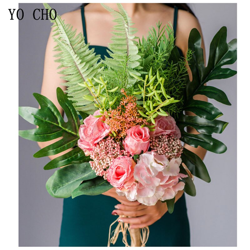 YO CHO Braut Hochzeit Strauß Fotografie Hochzeit Liefert Künstliche Seide Rose Hortensien Blume Cycas Strauß Grünen Wald Stil