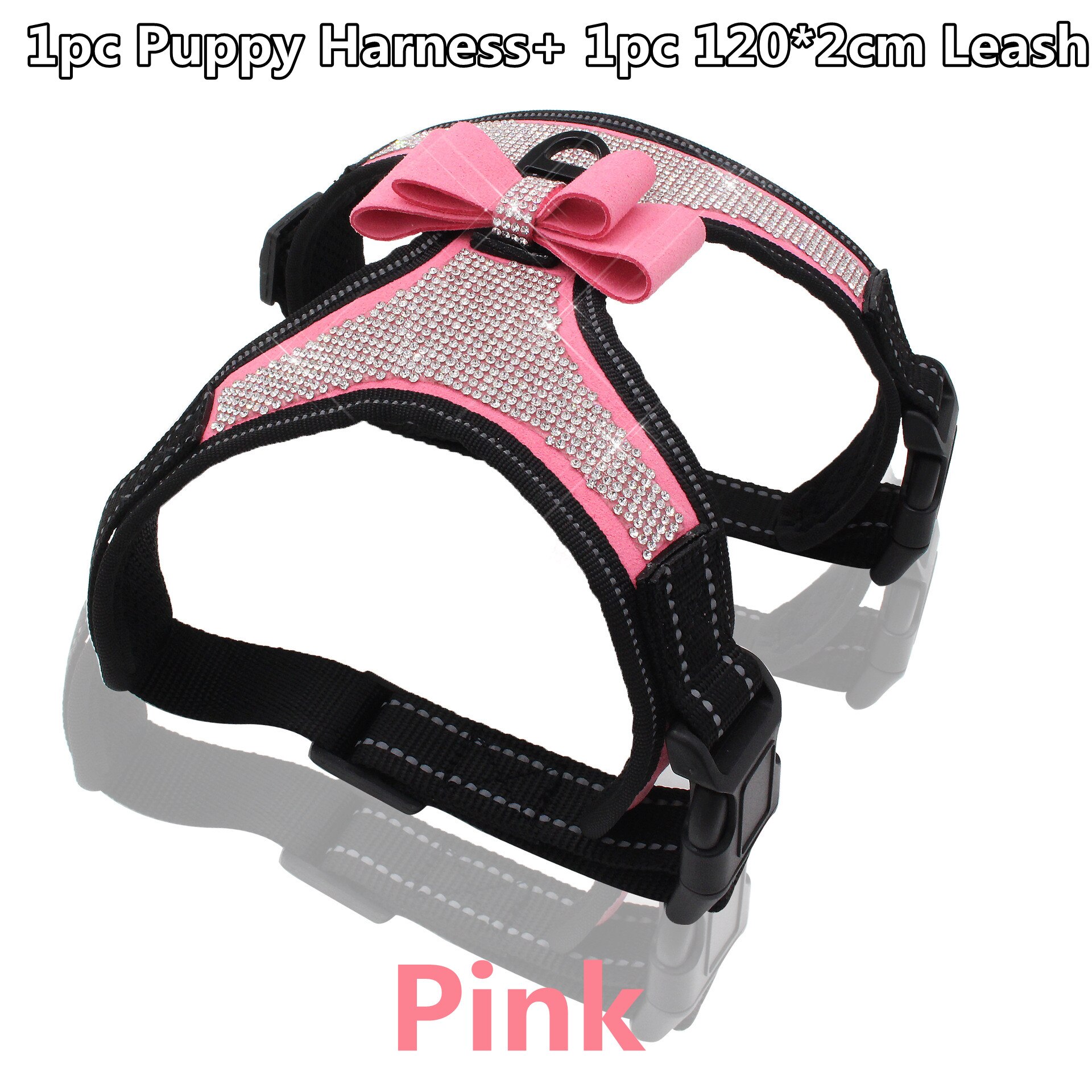 Cloth Dog Leash & Harness Set with Bling Rhinestone Adjustable Puppy Bow Harness 120*2cm Traction Rope Jogging/Walking Tools: Harness-Leash Pink / L