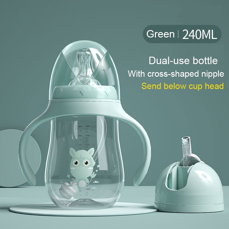 Baby Flessen Drinkbeker Zuigfles Brede Kaliber Multifunctionele Melk Drinken Water Tweeërlei Gebruik Fles Bpa Gratis: Green 240ml cup head