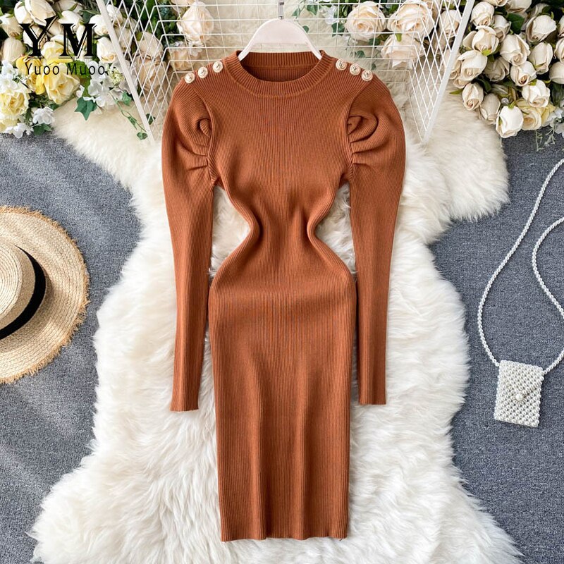 Yuoomuoo Herfst Winter Vrouwen Gebreide Jurk Europa Knoppen Lange Puff Mouwen Elegante Jurk Dames Bodycon Jurk