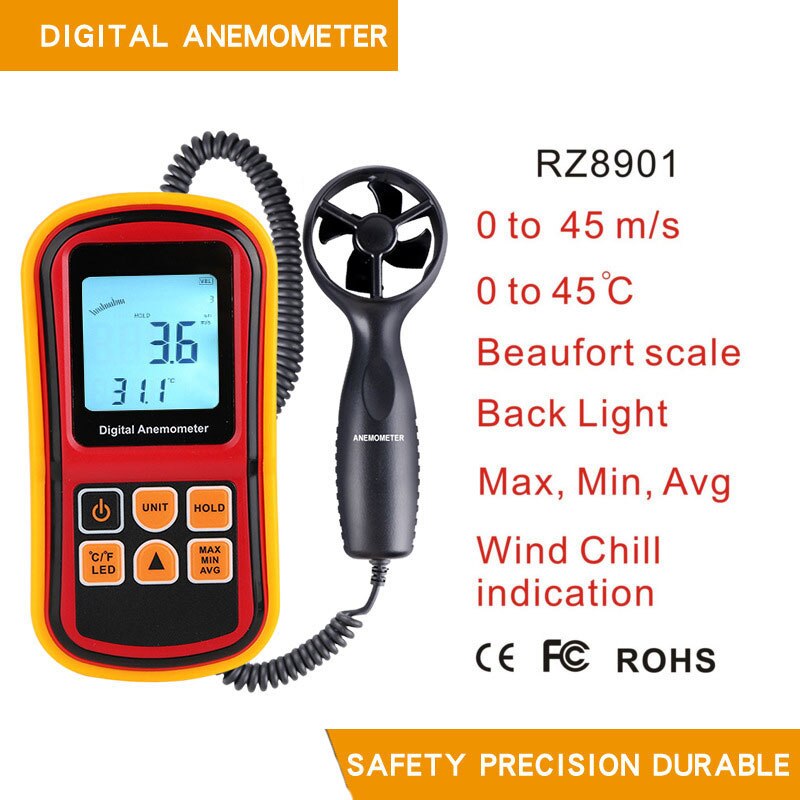 Digital LCD Wire Anemometer 30m/s Wind Speed Gauge Measuring Instrument Temperature Measurement: 0-45m s