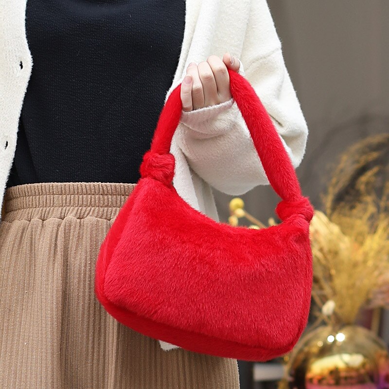 Retro Schoudertas Voor Vrouwen Trendy Winter Faux Fur Handtas Vrouwelijke Kleine Pluche Koppelingen Tassen Casual Vrouwen Hand Purse: Red shoulder bag