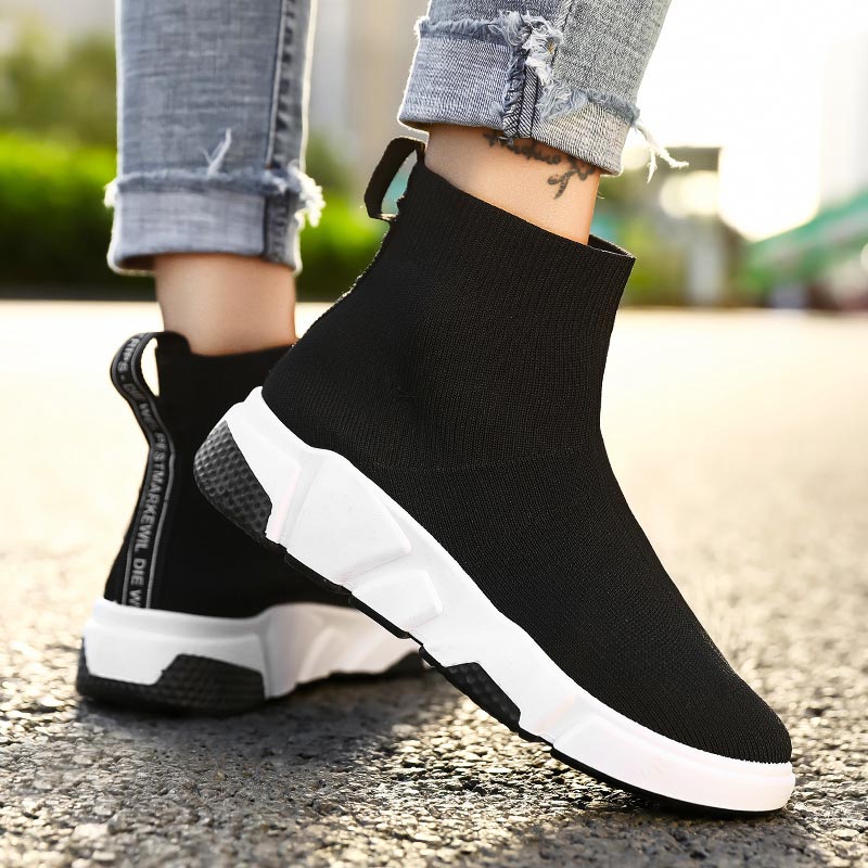 High Top Slip on Women's Running Shoes Women's High Sports Shoes Sport Sneakers High-level Sneakers Socks Female Black Gym E-466