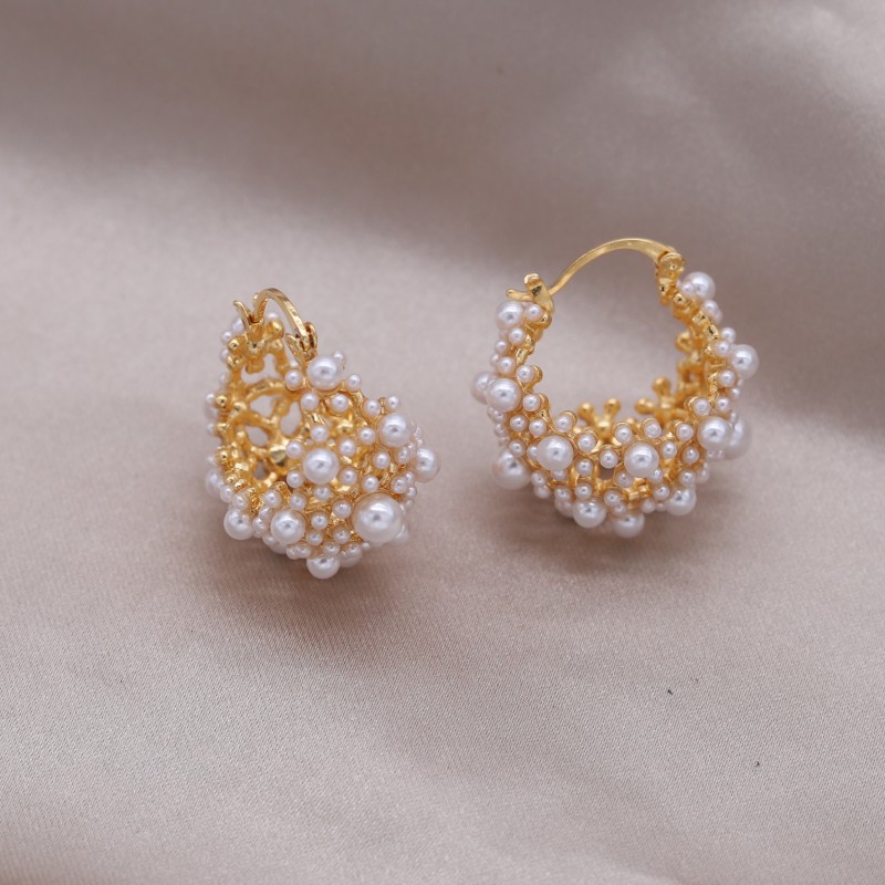 Koreanische neue Schmuck weiße Perle Tasche U-förmige Korb Ohrringe elegante Frauen tägliche Arbeit Accessoires: Rhodium überzogen