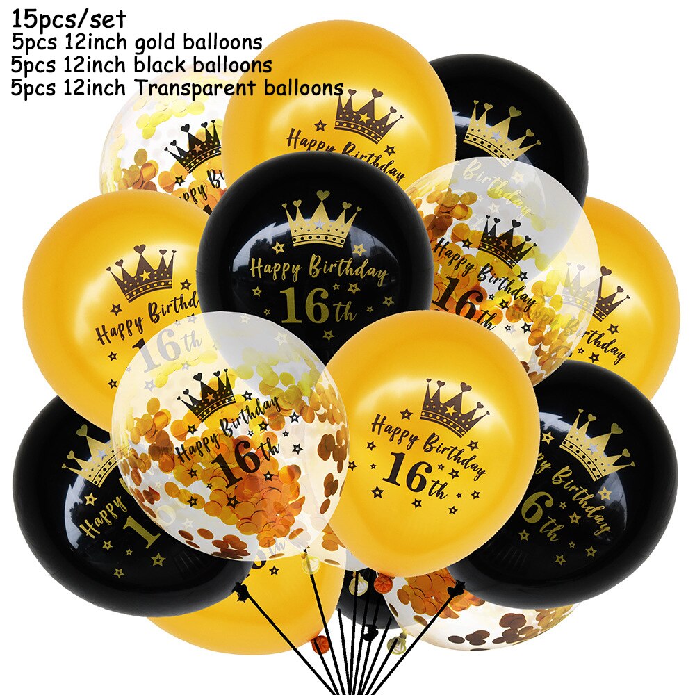 15pcs/set Black Gold Latex Balloons 18 30 50 Happy Birthday Party Confetti Balloons Adult Birthday Ballons Decorations Supplies: 15pcs K