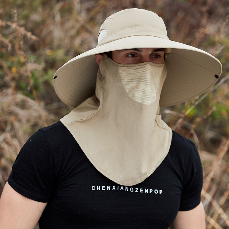Removable Summer Sun Foldable Cowboy Hats Big Brim Caps Outdoor Anti-UV Fishing Hat Face Neck Protection Breatha Bucket Hat: khaki hat and mask