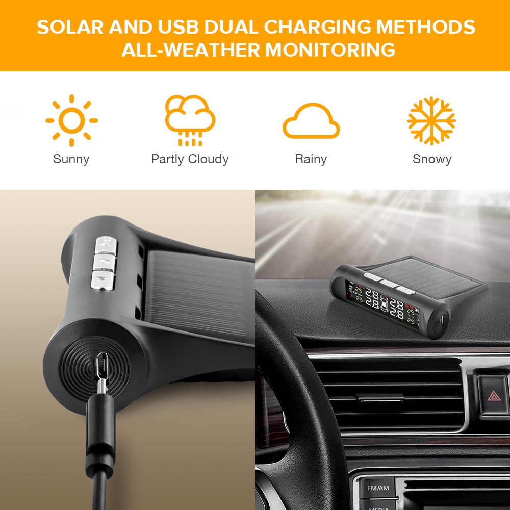 Smart Solar Car TPMS System Tire Pressure Monitoring System Solar Power charging Digital LCD Display Auto Security Alarm Systems