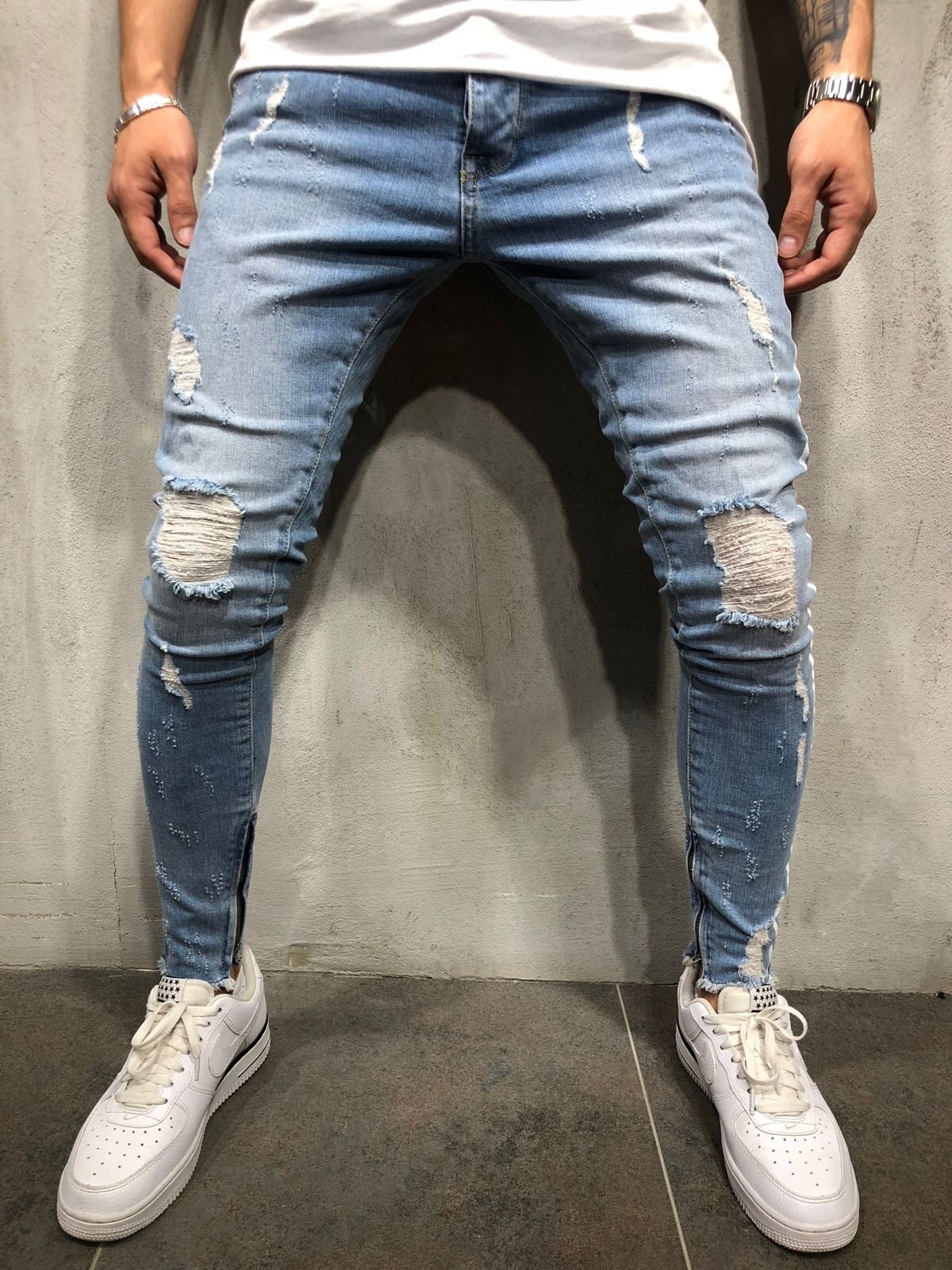 Men Stretchy Ripped Skinny Destroyed Jeans Taped Patch Slim Denim Blue Jean Pants Side Strip Slim Fitn Korean Men Ripped Jeans: Sky Blue / XXXL
