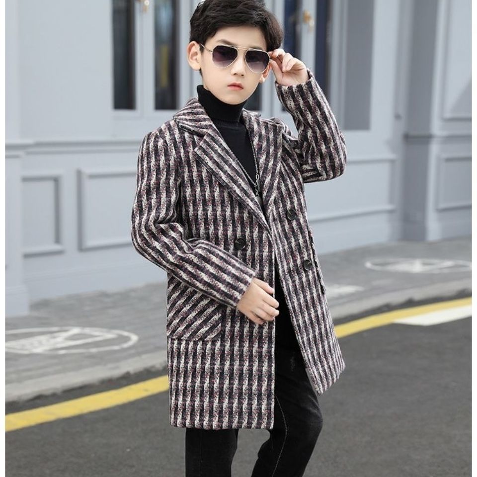 Boys Wool Coat Woolen Overcoat Kids Clothes Fall Winter Plaid Thicken Casual Woollen hildren Outerwear Trench Jackets: Auburn / 6