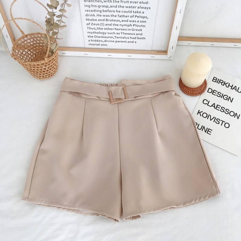 Coréen bref femmes Shorts jambe large avec ceinture noir costume Shorts solide élastique taille haute jaune 5 couleurs: apricot / XL