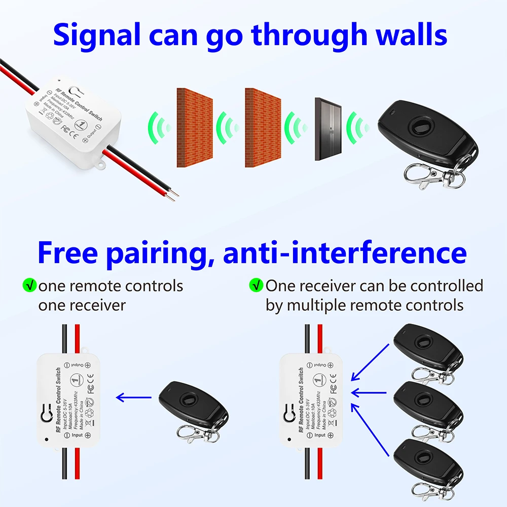 Interruptor de Control remoto inalámbrico, Mini receptor de relé RF, transmisor de 50m para bombas, ventilador de luz LED, 433Mhz, CC 6V, 12V, 24V, 30V, 36V, 10A