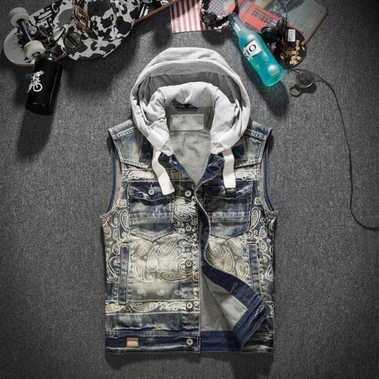 Spring Autumn Mens Hat Detachable Denim Waistcoats Vintage Printed Single Breasted Slim Plus Size Male Sleeveless Vests: 1 / XXL