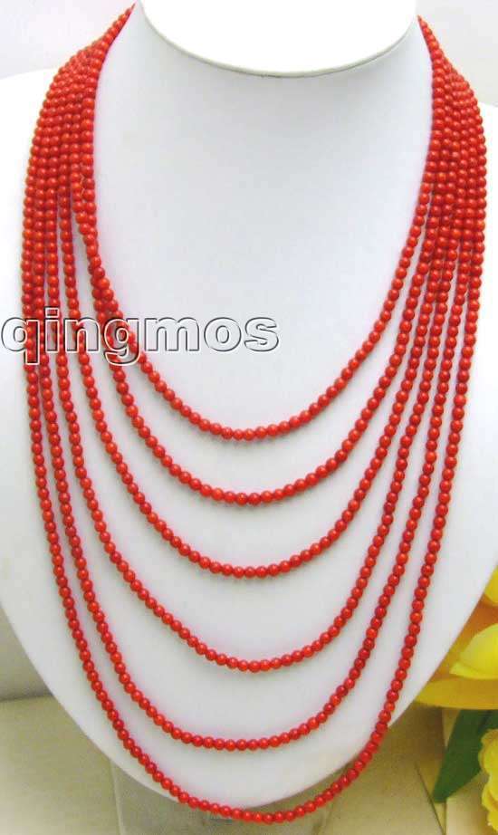 6 Strands 3-4mm Red Coral 18-25" long NECKLACE & Big Pink Flower CLASP-5671 /retail