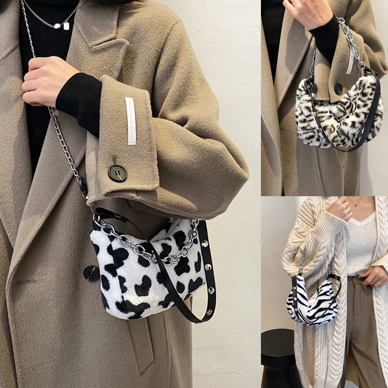 Pluche Melk Koe Luipaard Zebra Print Handtas Vrouwen Meisjes Crossbody Purse Lichtgewicht Dier Schoudertas Fuzzy Satchel