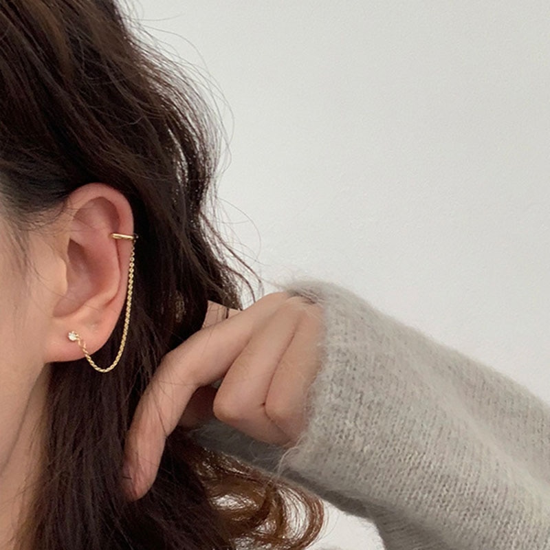 Minimalistyczny złoty kryształ stadnina połączyć łańcuch Earclip przeszywający Earcuff kolczyki dla kobiet 2020 akcesoria biżuteria