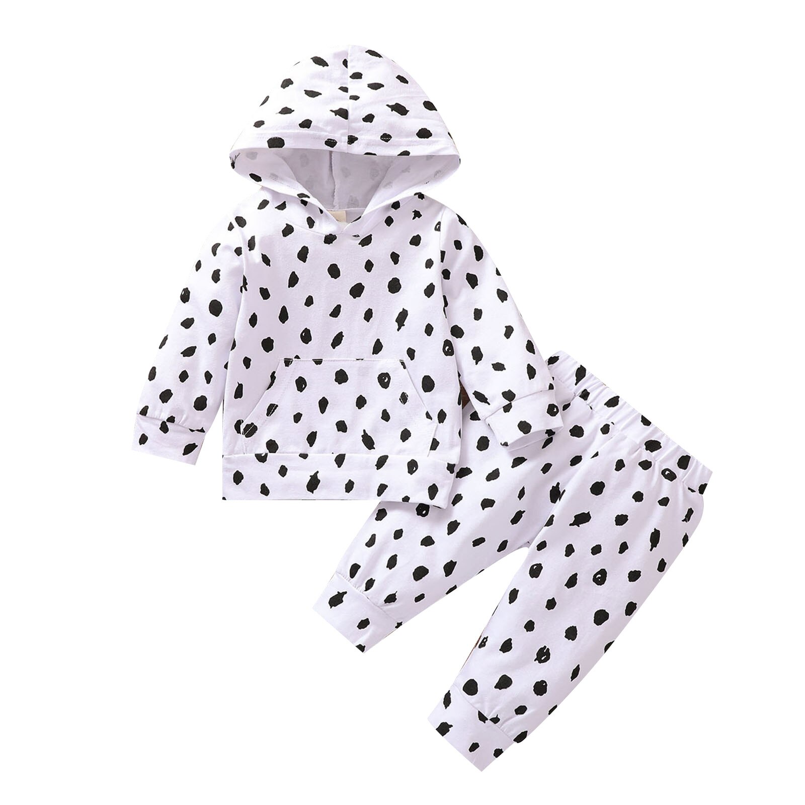 Ensemble deux pièces blanc/rose pour bébé fille, haut à capuche + pantalon à taille élastique, motif imprimé à Points ondulés