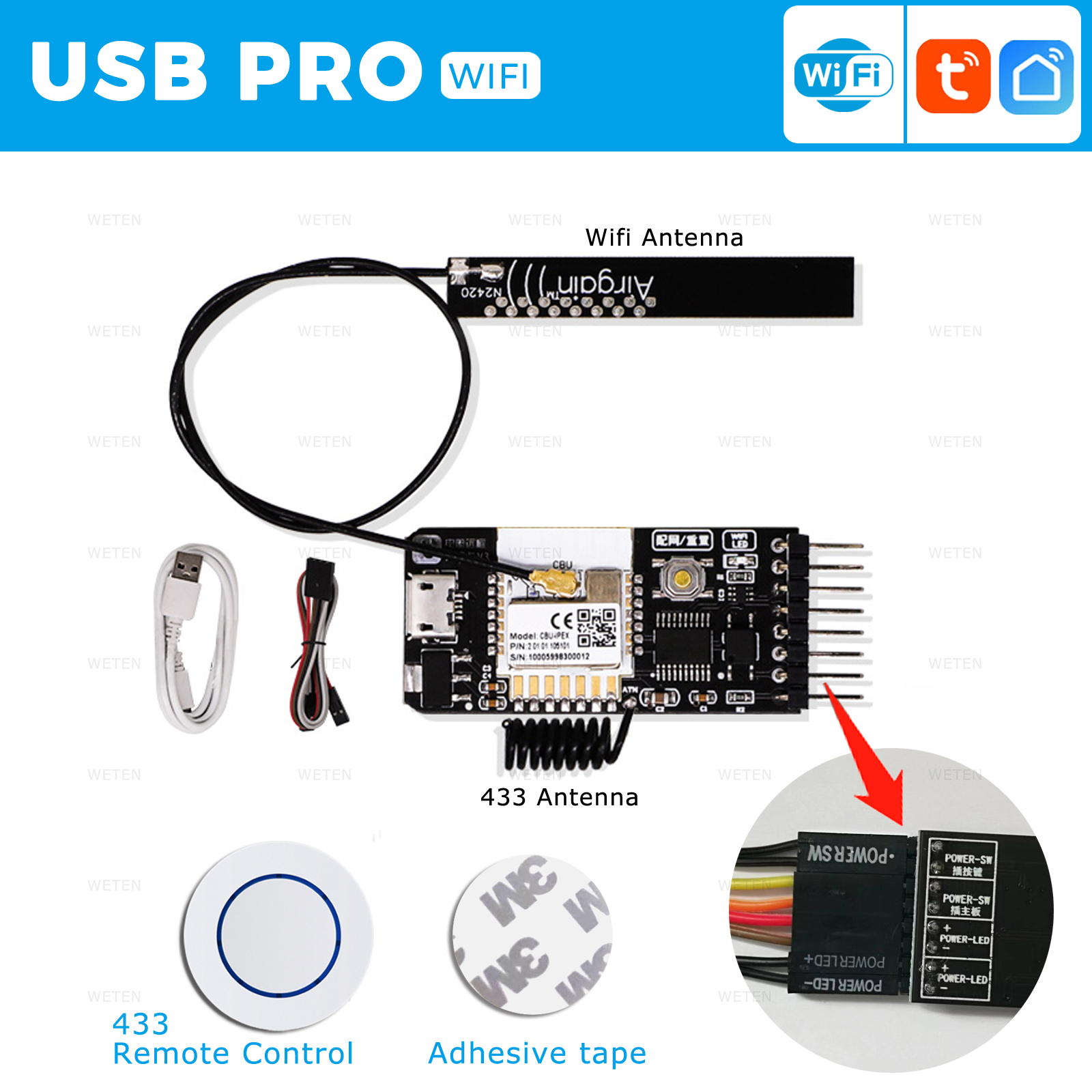 Tuya Wifi Computer Power Reset-schakelaar USB PCIe-kaart 433 RF-afstandsbediening PC-aan/uit-knop, APP-spraakbediening met Alexa Google Home: Bundle5